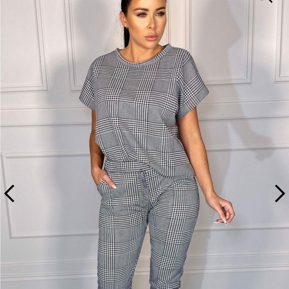 NWT Houndstooth Short Sleeve Boxy Loungewear Set Femme Luxe - Picture 2 of 4